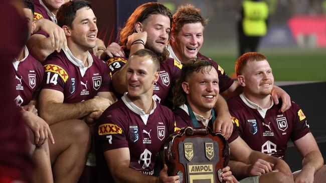 Daly Cherry-Evans and the Maroons celebrate after winning the 2023 series 2-1. Picture: Mark Kolbe/Getty Images