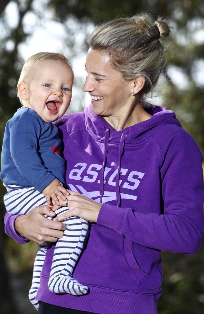 Baby Harvey will be on the Gold Coast with his dad Jared to cheer on his mum Claire Tallent in the Commonwealth Games racewalk. Picture: Sarah Reed