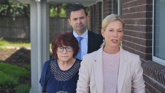 Blackmans Bay resident Fran Spears with Labor's Energy spokesman Dean Winter and Labor leader Rebecca White speak to the media at Blackmans Bay on Tuesday, February 20, 2024.