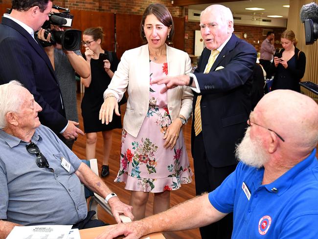 NSW Premier Gladys Berejiklian with former Prime Minister John Howard at the Penrith Senior Citizens club. Picture: Dean Lewins