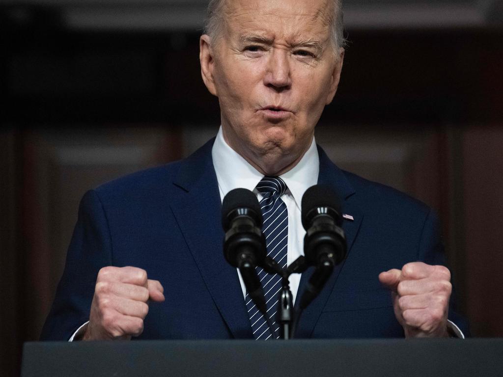 TOPSHOT - US President Joe Biden speaks about lowering healthcare costs in the Indian Treaty Room of the White House in Washington, DC, on April 3, 2024. (Photo by Jim WATSON / AFP)