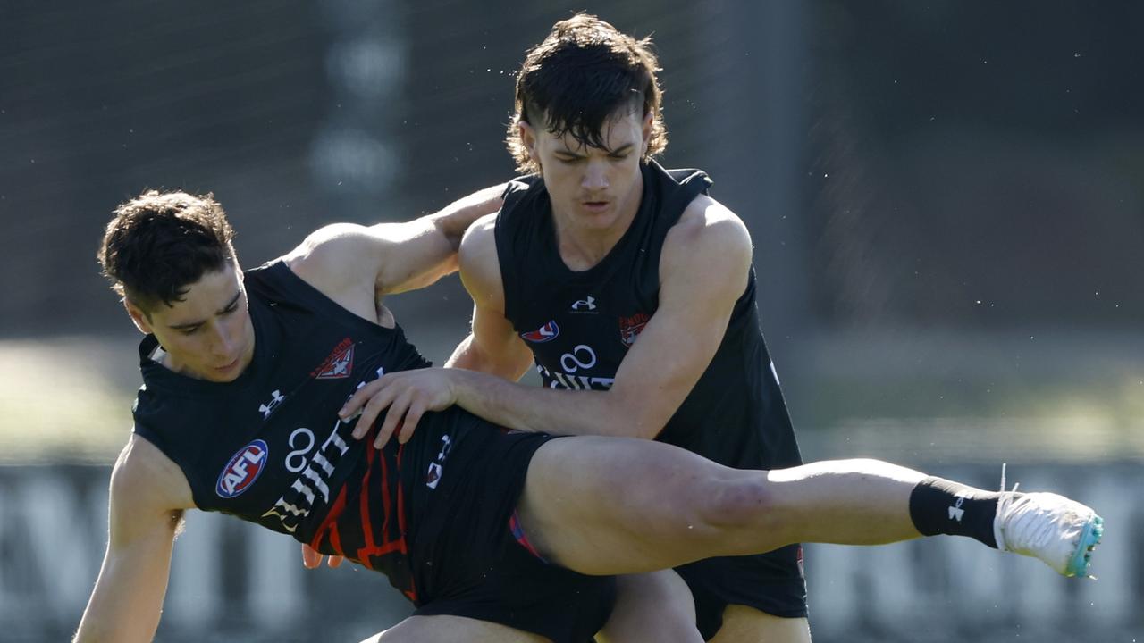 Archie Roberts (right) will debut for Essendon against Fremantle on Sunday. Picture: Darrian Traynor / Getty Images