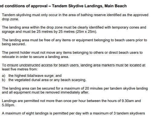 Conditions of approval for a skydive attraction at The Spit on the Gold Coast.