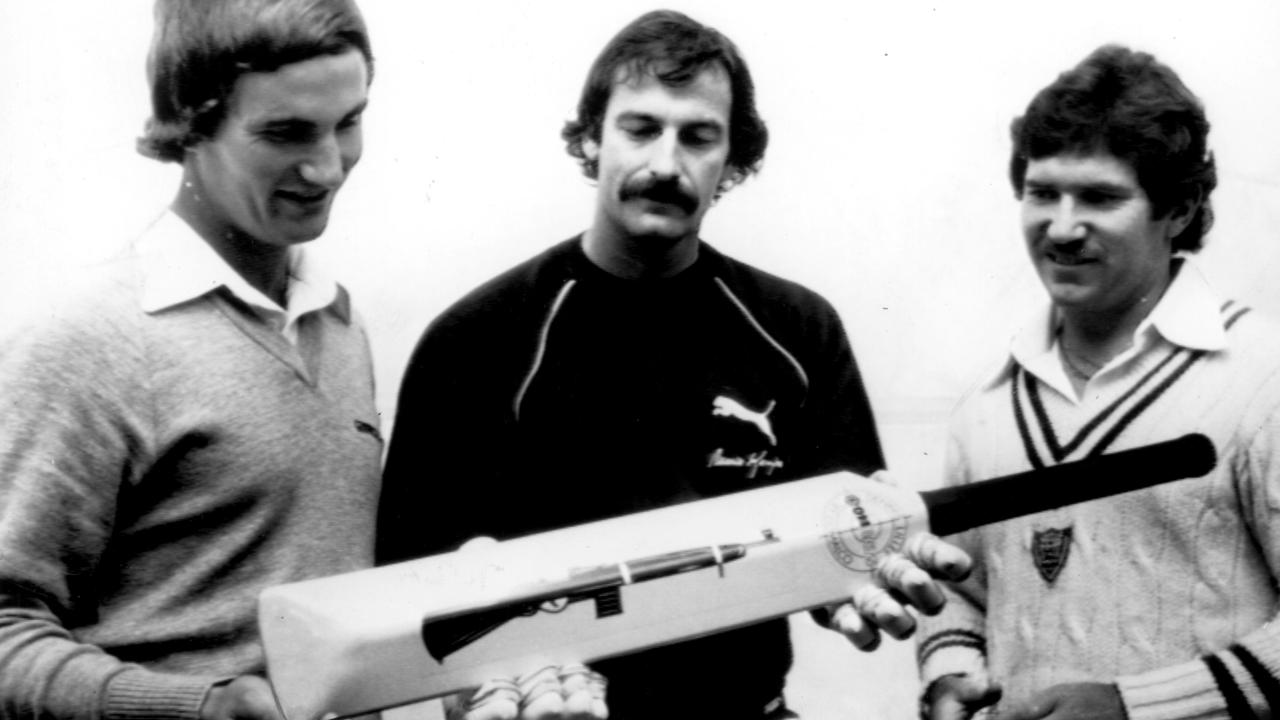 Andrew Hilditch, Dennis Lillee and Allan Border with the infamous bat.