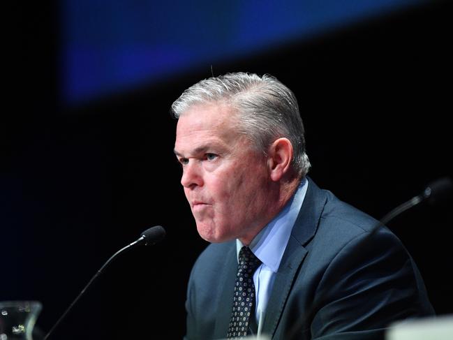 Santos CEO Kevin Gallagher is seen during the Santos Annual General Meeting (AGM) at the Adelaide Convention Centre in Adelaide, Thursday, May 3, 2018. (AAP Image/David Mariuz) NO ARCHIVING