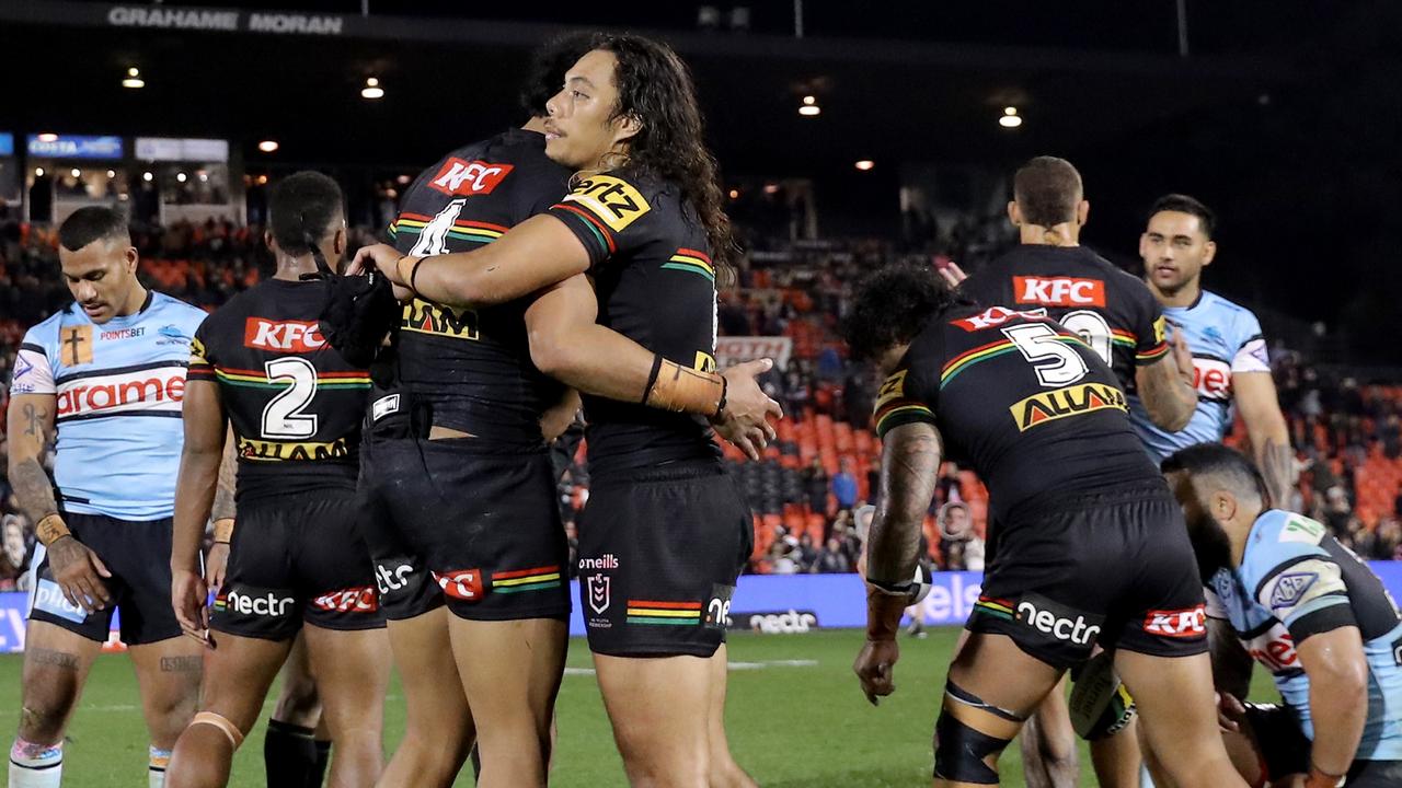 PENRITH, AUSTRALIA - JULY 29: Jarome Luai of the Panthers celebrates with his teammates after the round 22 NRL match between Penrith Panthers and Cronulla Sharks at BlueBet Stadium on July 29, 2023 in Penrith, Australia. (Photo by Jeremy Ng/Getty Images)