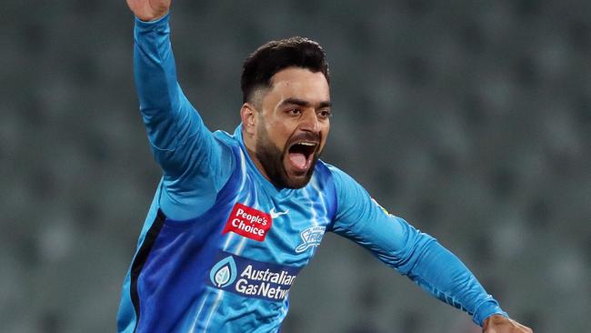 ADELAIDE, AUSTRALIA - DECEMBER 09:  Rashid Khan of the Strikers thinks he has claimed the wicket of  Mackenzie Harvey of the Renegades  - but it was  Wes Agar of the Strikers that claimed his wicket by running him out in the mix up  during the Men's Big Bash League match between the Adelaide Strikers and the Melbourne Renegades at Adelaide Oval, on December 09, 2021, in Adelaide, Australia. (Photo by Sarah Reed/Getty Images)