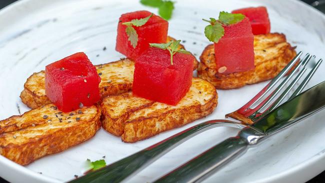 Grilled haloumi with compressed watermelon.