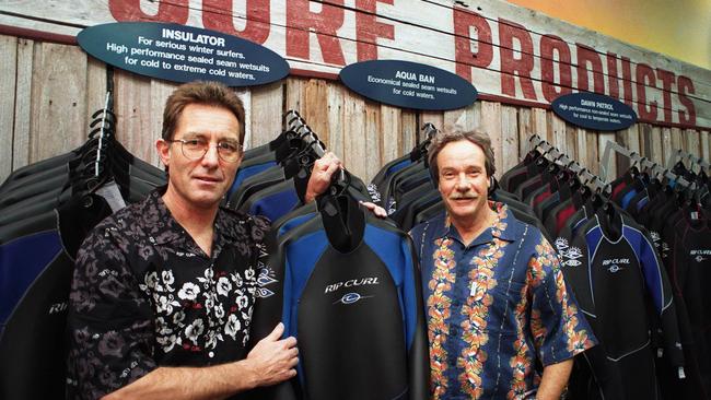 Rip Curl co-founders Doug Warbrick and Brian Singer at Torquay in 1997.