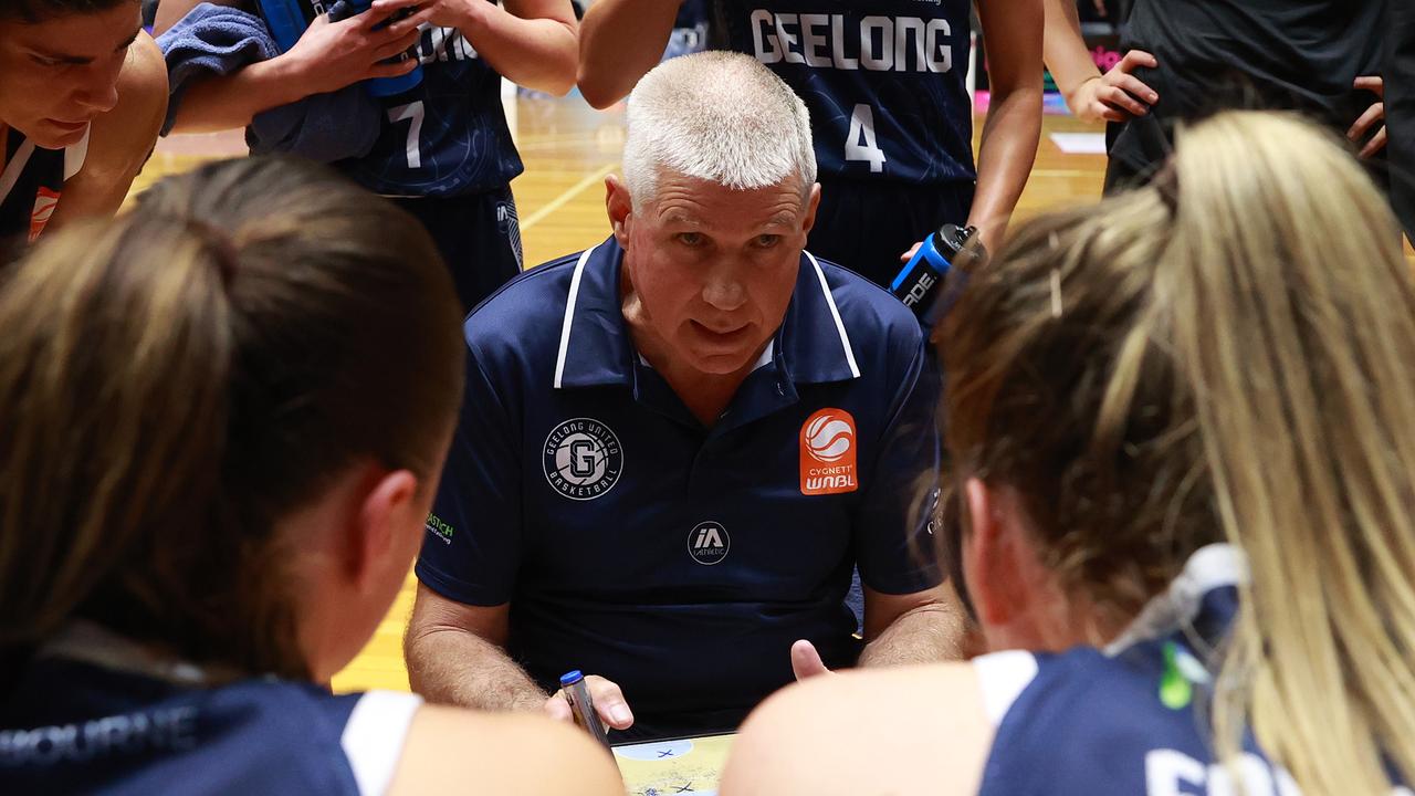 GEELONG, AUSTRALIA - OCTOBER 30: Chris Lucas, Head Coach of Geelong United speaks to players during the round one WNBL match between Geelong United and Townsville Fire at The Geelong Arena, on October 30, 2024, in Geelong, Australia. (Photo by Kelly Defina/Getty Images)