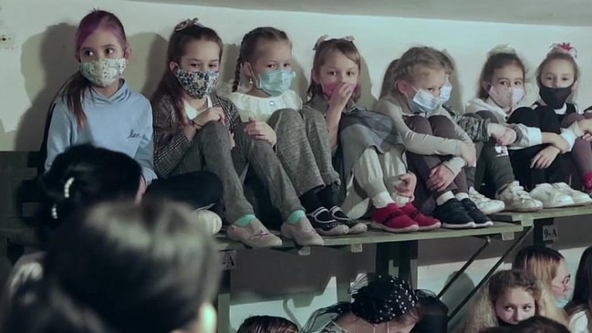 School kids led through drills at the Number One school in the city of Druzhkivka, in the Donetsk region, Ukraine - Wednesday 23 February 2022. Picture: BBC News