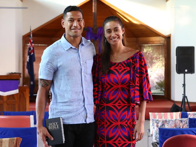 14/04/2019: Israel Folau with his wife Maria Folau at Kenthurst Uniting Church after a Sunday service. Hollie Adams/The Australian