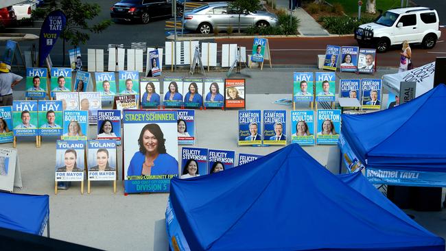 Council candidate signage at the Helensvale Library which was a pre-polling venue during the last campaign. Photo: David Clark.