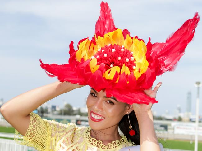 Angel Gower from Mermaid Waters won first prize for Best Millinery. Pics Tim Marsden