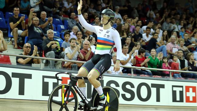 Matthew Glaetzer wins the men’s sprint in the rainbow world champion’s jersey at the Paris world cup. Picture: Bryn Lennon (Getty).