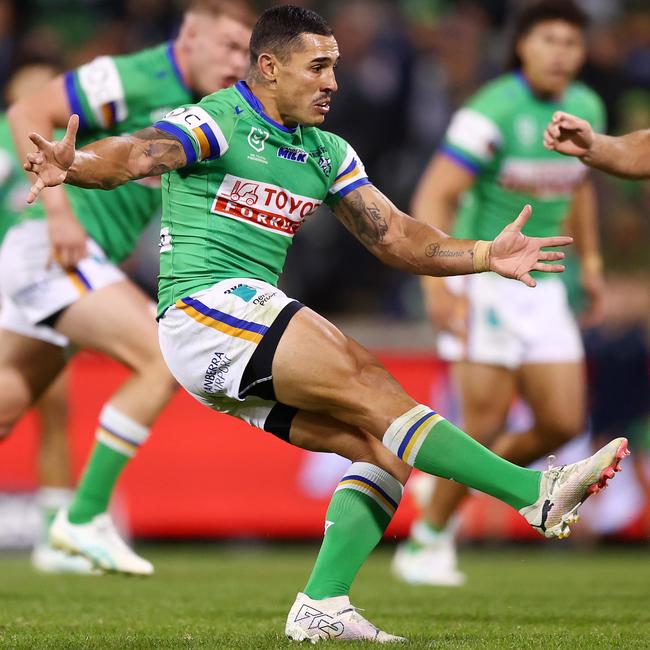 Jamal Fogarty kicks the matchwinning field goal against the Titans. Picture: Mark Nolan/Getty Images