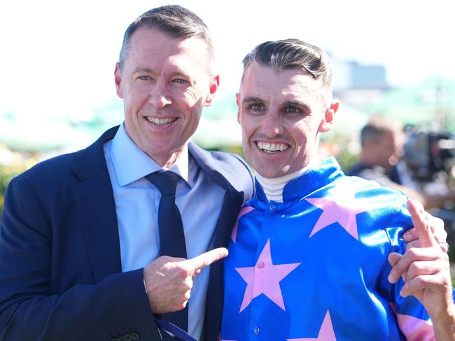 Craig McRae and Billy Egan after Feroce (NZ) won the Howden Australian Guineas at Flemington Racecourse on March 01, 2025 in Flemington, Australia. (Photo by Scott Barbour/Racing Photos via Getty Images)