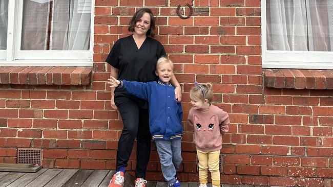 Former RDH worker Emily Bannister, with children Rune and Dolly, is one of thousands forced to wait months for back-pay owed by the Northern Territory government. Picture: Supplied.