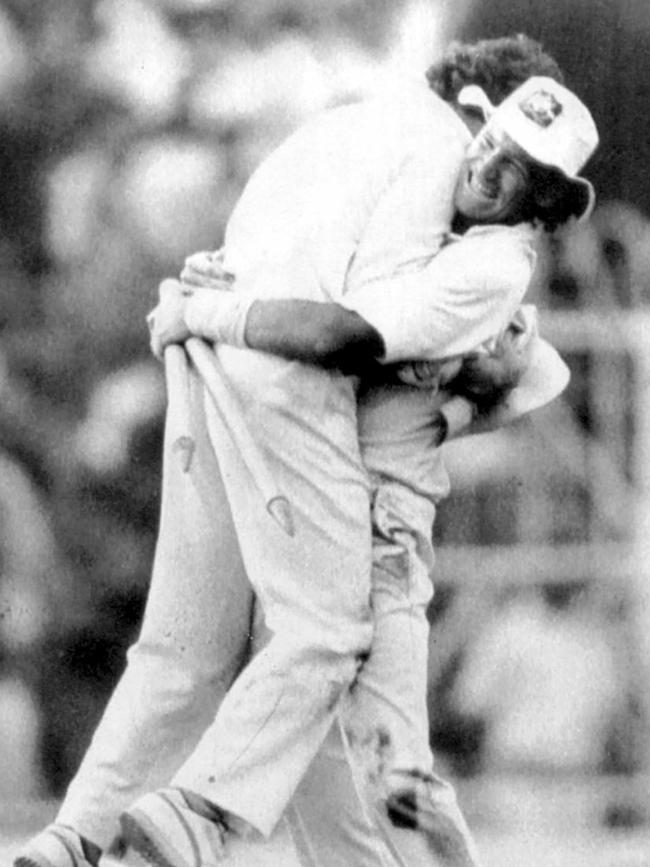 Jones and Craig McDermott celebrate the 1987 success.