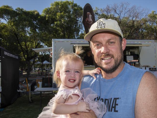 Jayden Burns and Violet Burns enjoying the NYE celebrations at Nowingi Place in Mildura. Picture: Noel Fisher