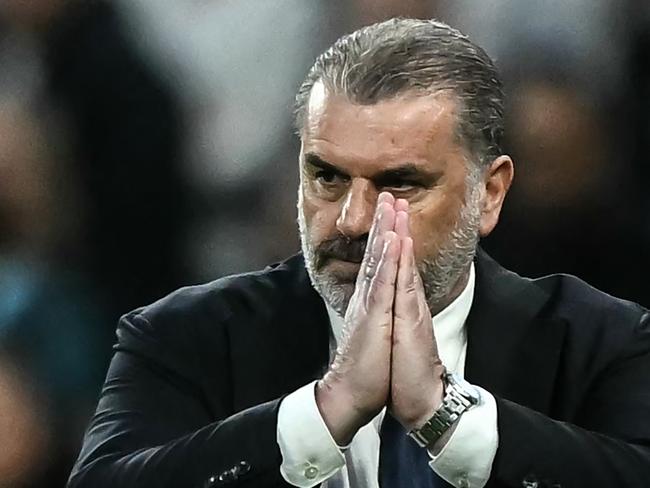 Tottenham Hotspur's Greek-Australian Head Coach Ange Postecoglou reacts during the English Premier League football match between Tottenham Hotspur and Manchester City at the Tottenham Hotspur Stadium in London, on May 14, 2024. (Photo by Ben Stansall / AFP) / RESTRICTED TO EDITORIAL USE. No use with unauthorized audio, video, data, fixture lists, club/league logos or 'live' services. Online in-match use limited to 120 images. An additional 40 images may be used in extra time. No video emulation. Social media in-match use limited to 120 images. An additional 40 images may be used in extra time. No use in betting publications, games or single club/league/player publications. /