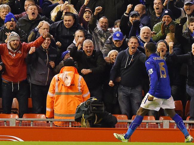 Leicester City's Ghanaian striker Jeff Schlupp celebrates after scoring his team's second goal.