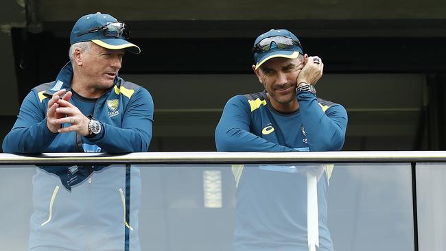 Steve Waugh, Australian Team Mentor, speaks to Justin Langer, coach of Australia, during day four of the Test between England and Australia at Edgbaston. Picture: Ryan Pierse/Getty Images