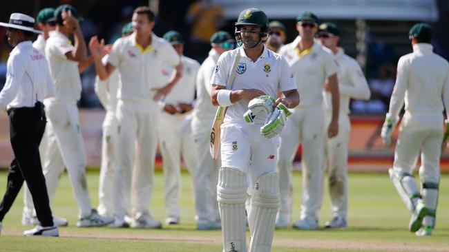 Dean Elgar after being dismissed by Josh Hazlewood. Picture: AFP