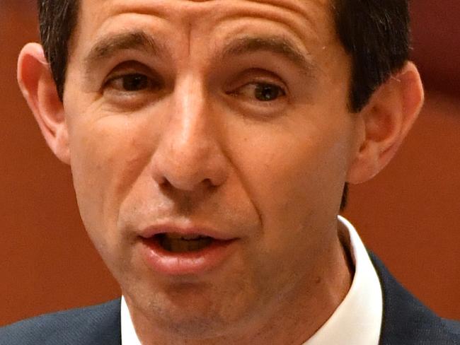 Federal Minister for Education and Training Senator Simon Birmingham during Question Time in the Senate at Parliament House in Canberra, Tuesday, August 8, 2017. (AAP Image/Mick Tsikas) NO ARCHIVING