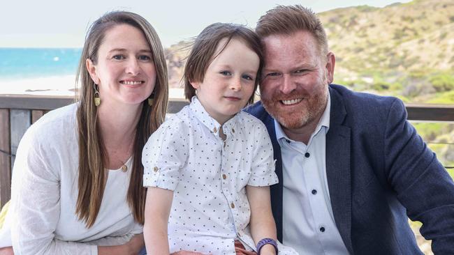 Labor’s Alex Dighton with his wife Claire and their son, Albie after his win at the Boatshed Cafe at Hallett Cove. Picture: Russell Millard Photography