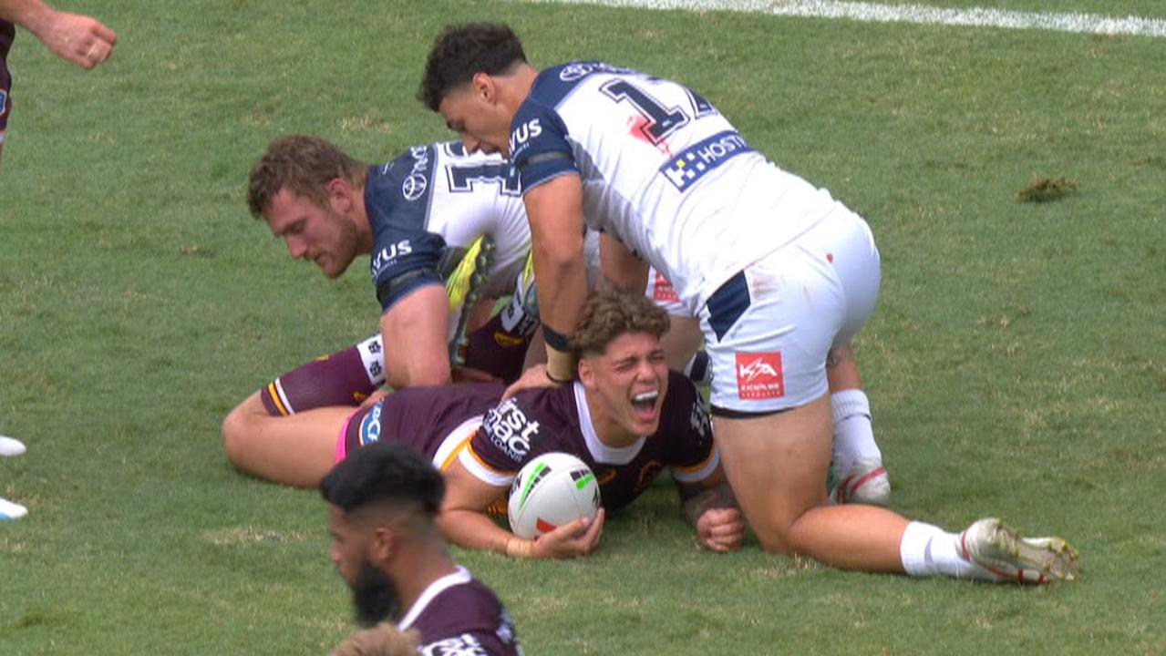 Reece Walsh is tackled by Coen Hess using an alleged Scorpion technique.