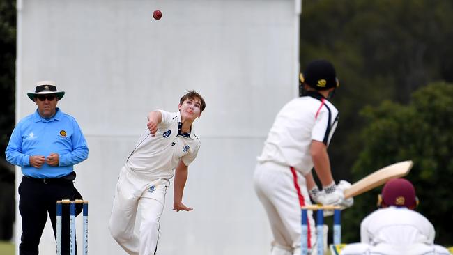 Brisbane Grammar School bowler Toby Matthews GPS First XI cricket between Brisbane Grammar School and Terrace. Saturday February 12, 2022. Picture, John Gass