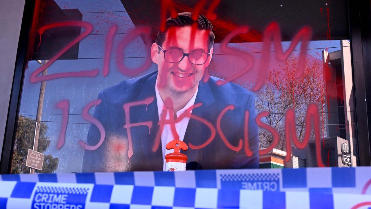 The slogan “Zionism is Fascism” was sprayed on the electoral office of Australian federal MP Josh Burns in St Kilda last June. Picture: William West/AFP