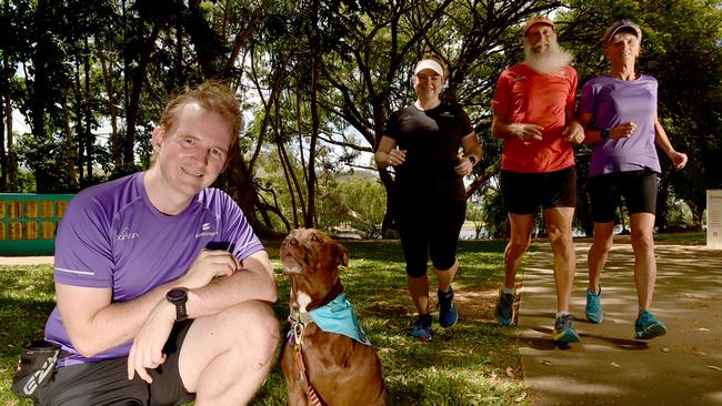 Pat Peacock with Chilli (front) with Nicole Boon and Ross and Jenni Johnston are set for the first post COVID-19 Parkrun. Picture: Evan Morgan