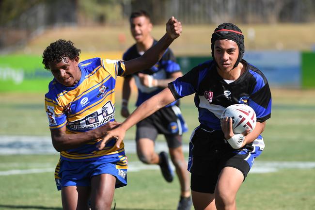 A young gun Jeriah Vagana (pictured with the ball) playing in the Rugby League Ipswich under-14 grand final for the Goodna Eagles back in 2019.