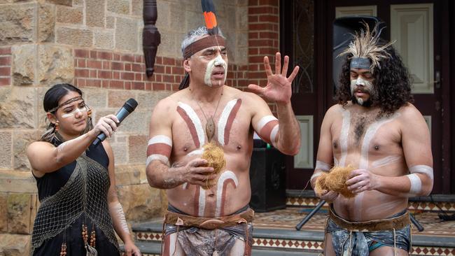 Karl Telfer (centre) with daughter Jakirah and cousin Karno Martin during a welcome to country ceremony to support The Uluru Statement from the Heart in North Adelaide. Picture: Emma Brasier