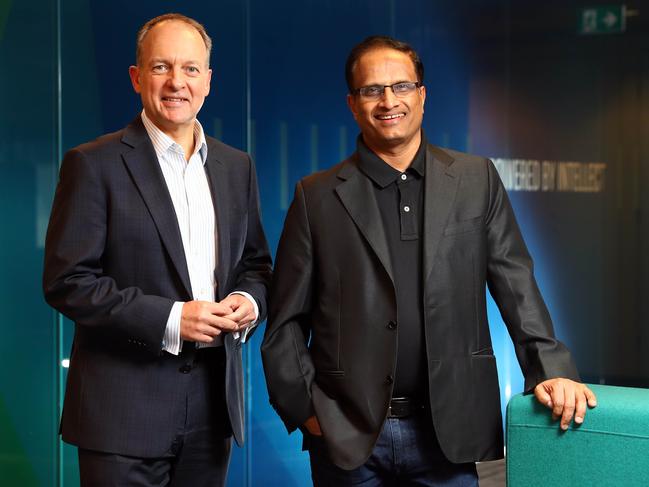 Infosys global chief operating officer Pravin Rao with its Australian boss Andrew Groth. Picture: Aaron Francis/The Australian