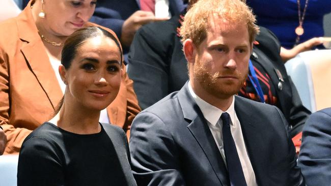 Prince Harry and Meghan Markle at the 2020 UN Nelson Mandela Prize award ceremony at the United Nations. Picture: AFP.