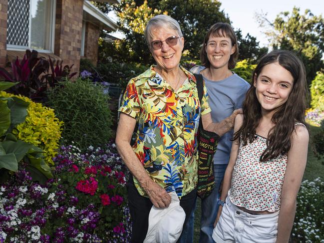 Three generations (from left) Lynda Montgomery, Clare Poole and Scarlet Kite check out The Chronicle Garden Competition City Reserve Grand Champion garden of Cheryl Ganzer during the Carnival of Flowers, Saturday, September 21, 2024. Picture: Kevin Farmer