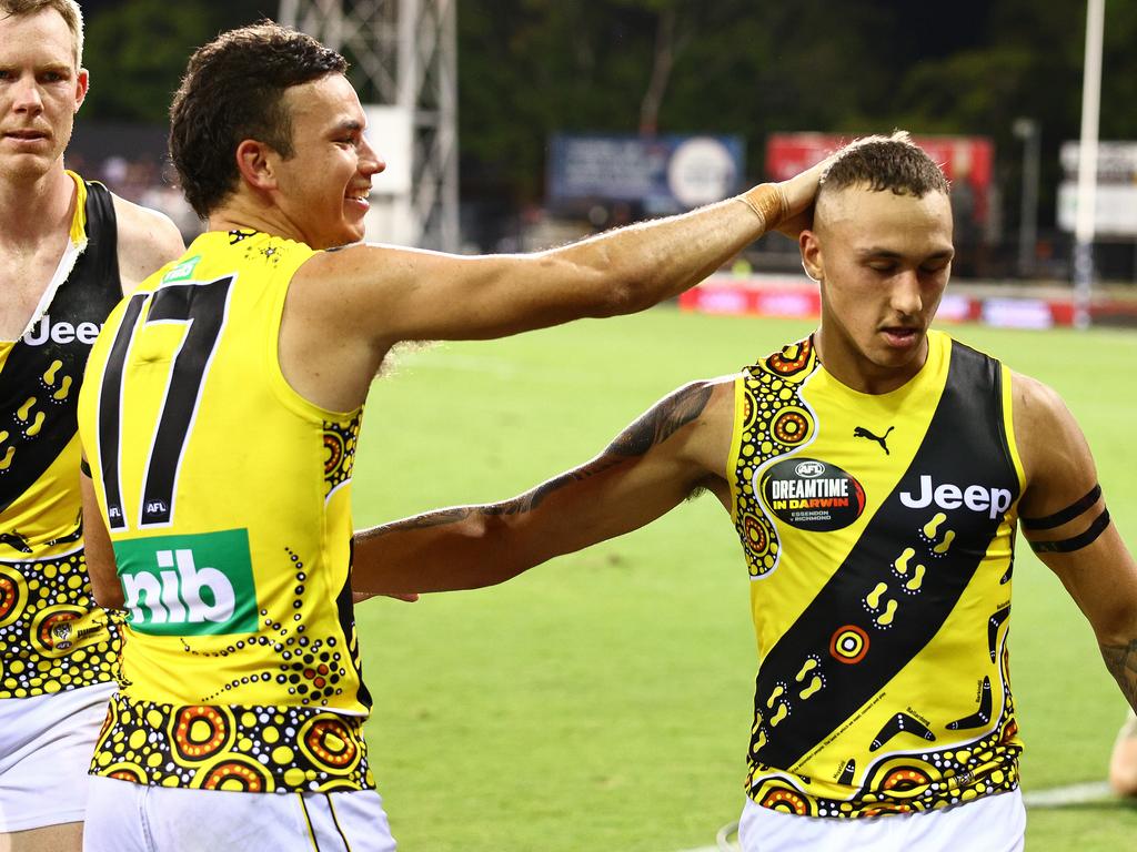 Daniel Rioli and Shai Bolton of the Tigers.