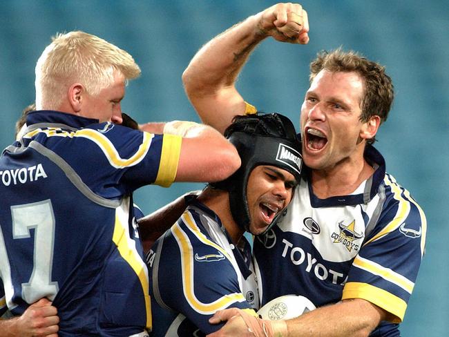 Matt Sing celebrates a try for the Cowboys against the Bulldogs — their first ever finals win.