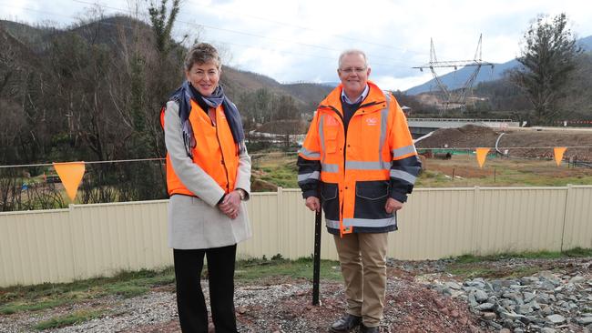 Prime Minister Scott Morrison along with Liberal candidate for Eden-Monaro Fiona Kotvojs announce the final approval stage of the Snowy Hydro 2.0. Picture: Adam Taylor