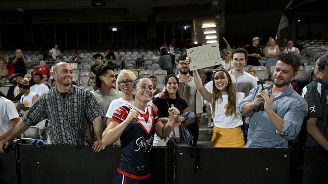 Millicent Scutt celebrates her NRLW debut with friends and family. Picture: NRL Imagery