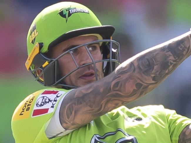 Alex Hales of the Thunder bats during the Big Bash League (BBL) cricket match between Sydney Thunder and the Perth Scorchers at Sydney Showground Stadium in Sydney, Sunday, January 26, 2020. (AAP Image/Craig Golding) NO ARCHIVING, EDITORIAL USE ONLY, IMAGES TO BE USED FOR NEWS REPORTING PURPOSES ONLY, NO COMMERCIAL USE WHATSOEVER, NO USE IN BOOKS WITHOUT PRIOR WRITTEN CONSENT FROM AAP