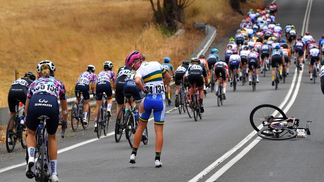 Nicole Frain of Australia and Team UniSA-Australia was involved in a crash. Picture: Tim de Waele/Getty Images