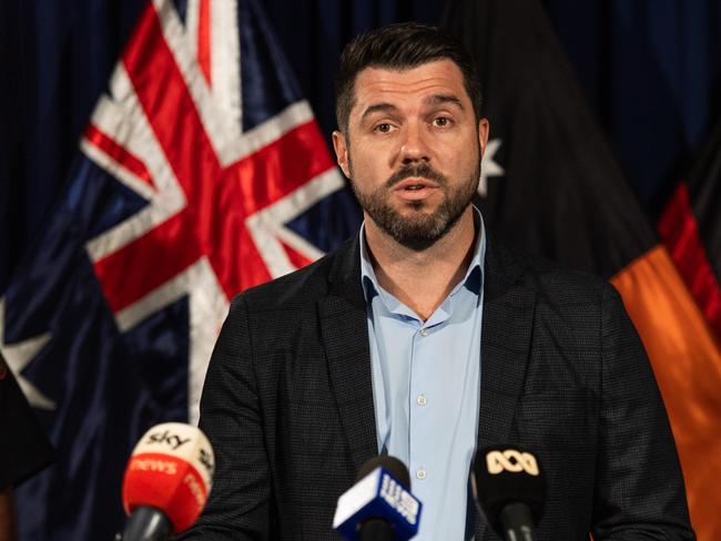 Police Minister Brent Potter at the press conference in the Northern Territory Parliament on April 9, 2024. Picture: Pema Tamang Pakhrin