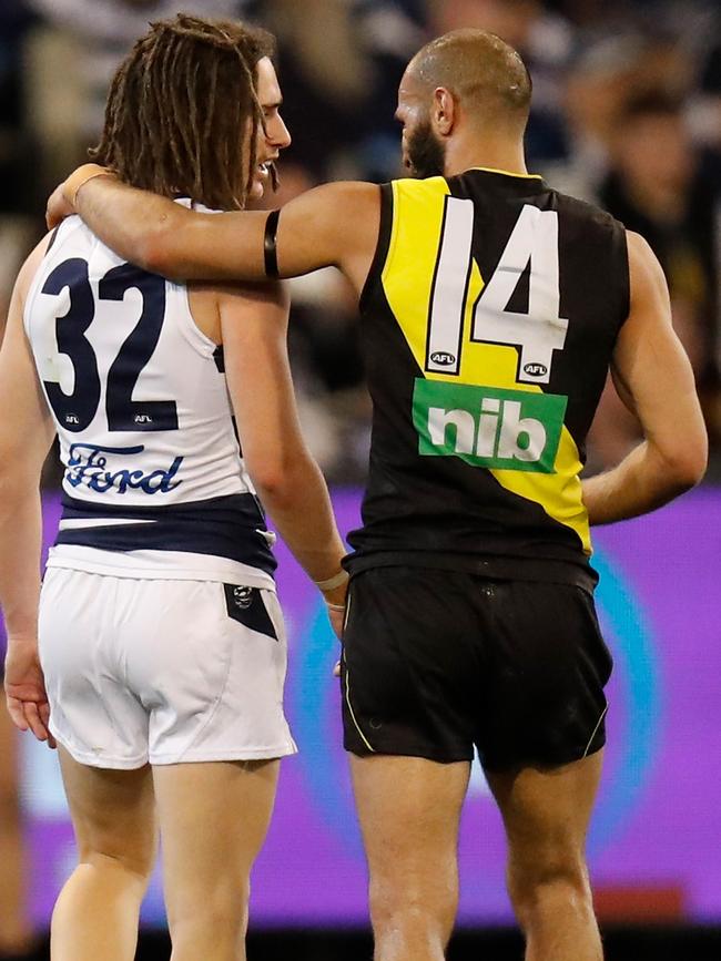 Houli with Cat Gryan Miers after the final siren. Pic: Getty Images