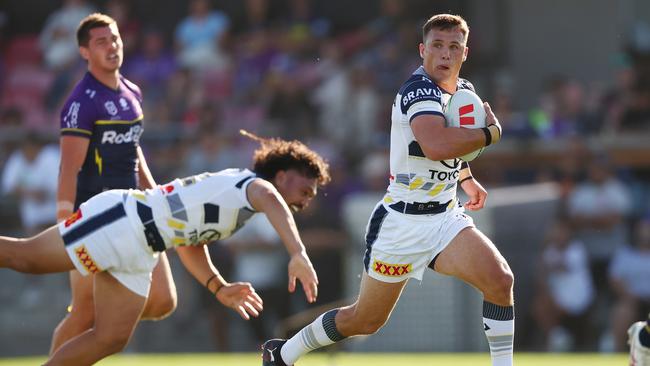 Scott Drinkwater of the Cowboys runs with the ball during the 2025 NRL Pre-Season Challenge match between Melbourne Storm and North Queensland Cowboys at Casey Fields on February 23, 2025 in Melbourne, Australia. (Photo by Morgan Hancock/Getty Images)