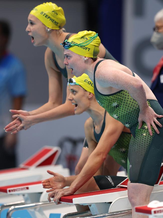 Ellie Cole (centre), Keira Stephens and Emily Beecroft cheer on their teammate in the women's 4x100m medley relay – 34 points final.