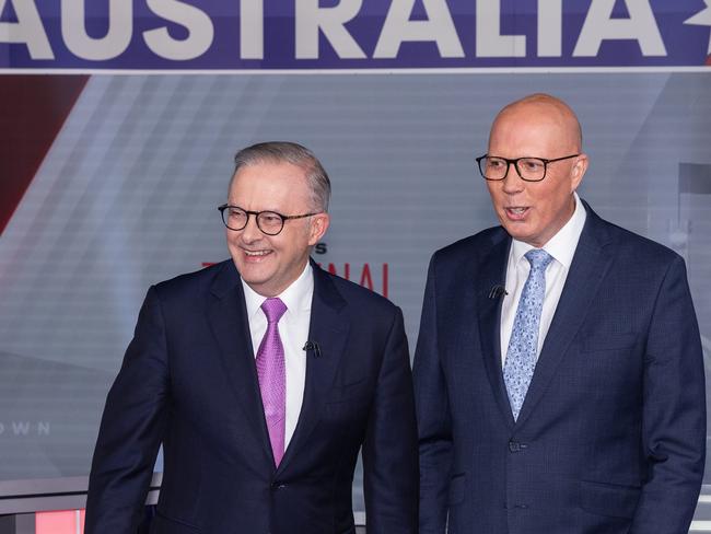 NCA 2025 FEDERAL ELECTION BUS. 27/04/2025 Australian Prime Minister Anthony Albanese meets Opposition Liberal leader Peter Dutton at the Channel 7 leaders debate.Picture: Jason Edwards / NewsWire